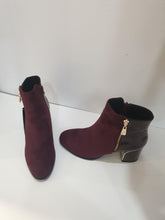Load image into Gallery viewer, Burgundy faux suede and patent ankle boot
