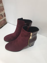 Load image into Gallery viewer, Burgundy faux suede and patent ankle boot
